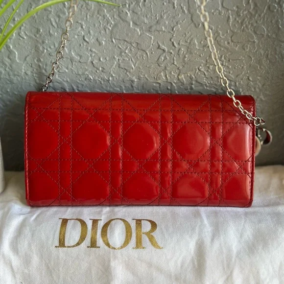 Lady Dior Cannage Quilted Cherry Red Patent Leather Calfskin Wallet Bag & Chain - Picture 7 of 17
